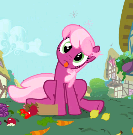 Size: 424x429 | Tagged: safe, screencap, character:cheerilee, episode:secret of my excess, g4, my little pony: friendship is magic, animated, apple, bag, carrot, circling stars, derp, dizzy, grapes, lemon, paper bag, solo, stars, strawberry, tongue out