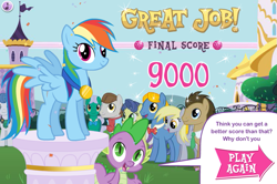 Size: 749x496 | Tagged: safe, screencap, character:derpy hooves, character:doctor whooves, character:orion, character:perfect pace, character:rainbow dash, character:spike, character:star gazer, character:time turner, bow tie, emerald beacon, equestrivia challenge, game, hubworld, masquerade, medal, text, the master
