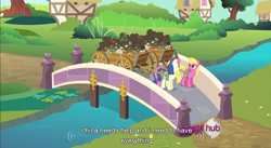 Size: 854x469 | Tagged: safe, screencap, character:bon bon, character:cherry berry, character:sweetie drops, episode:putting your hoof down, g4, my little pony: friendship is magic, bridge, hub logo, hubble, river, the hub, trash, wagon, youtube caption