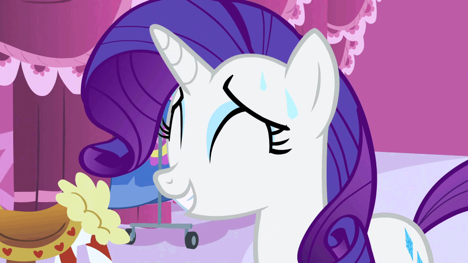 Size: 960x540 | Tagged: safe, screencap, character:rarity, episode:baby cakes, g4, my little pony: friendship is magic, animated, carousel boutique, eyes closed, head shake, no, solo, sweat
