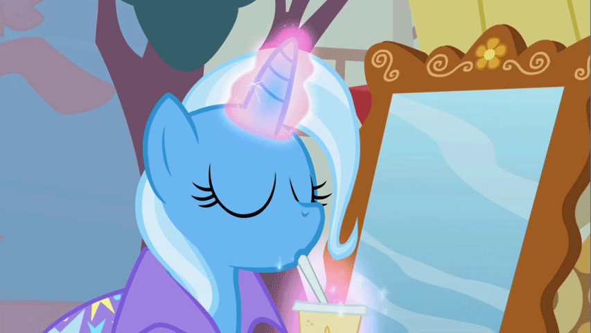 Size: 853x480 | Tagged: safe, screencap, character:trixie, species:pony, species:unicorn, episode:boast busters, g4, my little pony: friendship is magic, animated, drinking, female, magic, mare, mirror, smoothie, solo, telekinesis