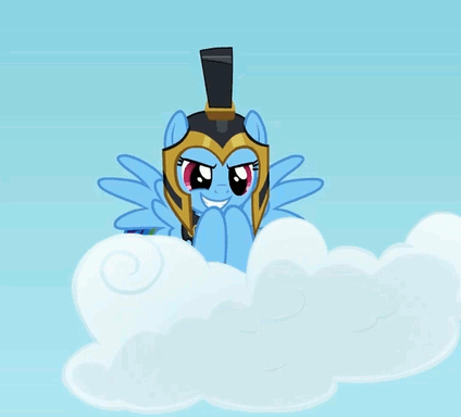 Size: 424x384 | Tagged: safe, screencap, character:rainbow dash, episode:hearth's warming eve, g4, my little pony: friendship is magic, animated, cloud, commander hurricane, cropped, grin, helmet, plotting, smiling, solo, soon