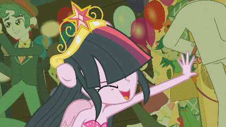 Size: 444x250 | Tagged: safe, artist:maxzzmax, screencap, character:diamond tiara, character:flash sentry, character:silver spoon, character:trixie, character:twilight sparkle, character:twilight sparkle (alicorn), species:alicorn, equestria girls:equestria girls, g4, my little pony:equestria girls, all fours, animated, big crown thingy, club can't handle me, dancing, do the sparkle, eyes closed, gangnam style, grin, open mouth, ponied up, smiling, spread wings, wings, wink