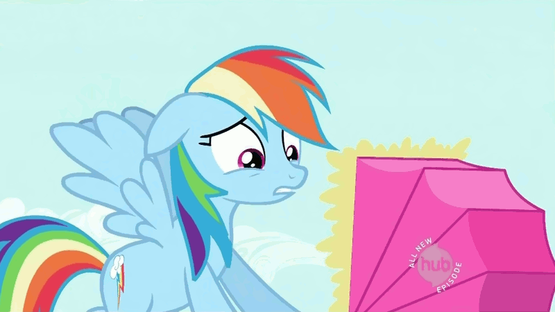 Size: 800x450 | Tagged: safe, screencap, character:rainbow dash, species:pegasus, species:pony, episode:the mysterious mare do well, g4, my little pony: friendship is magic, animated, blinking, cheering, diaper, eyes closed, female, floppy ears, flying, foal, frown, grin, gritted teeth, holding a pony, hooves up, hub logo, mare, smiling, spread wings, stroller, talking, wide eyes, wings, worried