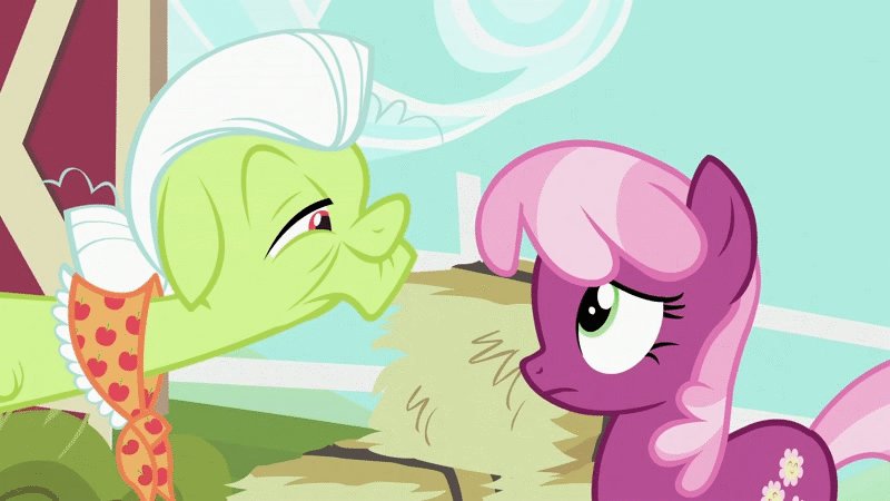 Size: 800x450 | Tagged: safe, screencap, character:cheerilee, character:granny smith, episode:family appreciation day, g4, my little pony: friendship is magic, adorasmith, adorkable, animated, cute, dork, patting, rope, squishilee, squishy