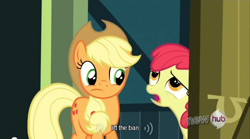 Size: 640x355 | Tagged: safe, screencap, character:apple bloom, character:applejack, episode:one bad apple, g4, my little pony: friendship is magic, ban, meme, youtube caption