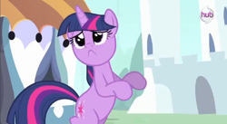 Size: 854x468 | Tagged: safe, screencap, character:twilight sparkle, episode:the crystal empire, g4, my little pony: friendship is magic, :<, hub logo