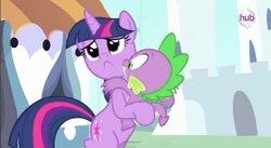 Size: 856x470 | Tagged: safe, screencap, character:spike, character:twilight sparkle, species:dragon, species:pony, species:unicorn, episode:the crystal empire, g4, my little pony: friendship is magic, :<, female, hub logo, hug, male, mare