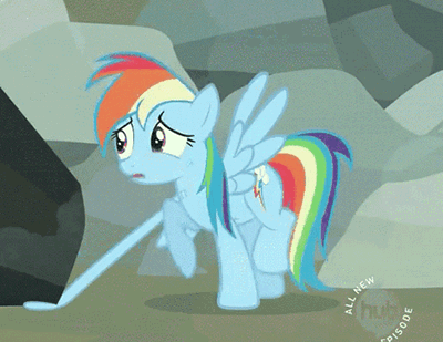 Size: 400x309 | Tagged: safe, screencap, character:rainbow dash, episode:may the best pet win, g4, my little pony: friendship is magic, animated, boulder, cropped, ghastly gorge, hub logo, panicking, scratches, solo, stretch, trapped, trotting, trotting in place