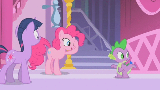Size: 640x360 | Tagged: safe, screencap, character:pinkie pie, character:spike, character:twilight sparkle, episode:green isn't your color, g4, my little pony: friendship is magic, animated, animation error, face grab, pin, pincushion spike, plot
