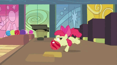 Size: 399x222 | Tagged: safe, screencap, character:apple bloom, episode:the cutie pox, g4, my little pony: friendship is magic, animated, bowling, bowling ball, mouth hold, solo
