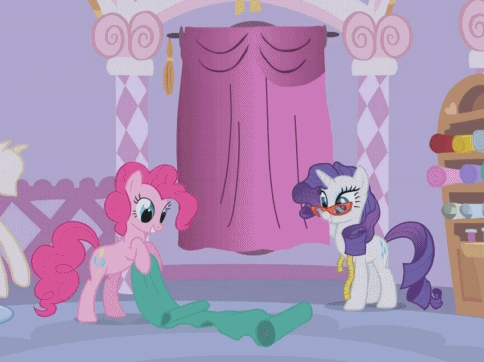 Size: 484x362 | Tagged: safe, screencap, character:pinkie pie, character:rarity, episode:suited for success, g4, my little pony: friendship is magic, animated, art of the dress, bipedal, cropped, curtains, duo, glasses, measuring tape, messy mane, rarity's glasses, silly, sunlight