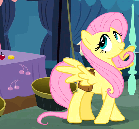 Size: 535x500 | Tagged: safe, screencap, character:fluttershy, episode:putting your hoof down, g4, my little pony: friendship is magic, animated, animation error, bits, caboose, cherry, clothing, coin, cute, flapping, flirting, fluttering, grin, hat, open mouth, saddle bag, shyabetes, smiling, spread wings, wings