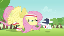 Size: 1280x720 | Tagged: safe, screencap, character:angel bunny, character:fluttershy, species:pegasus, species:pony, species:rabbit, episode:hurricane fluttershy, g4, my little pony: friendship is magic, blowing, buzzing wings, clothing, coach, duo, female, hat, headband, male, mare, puffy cheeks, sports, training, whistle, wristband