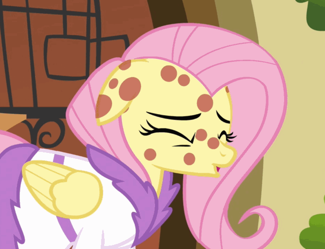 Size: 652x500 | Tagged: safe, screencap, character:fluttershy, episode:hurricane fluttershy, g4, my little pony: friendship is magic, animated, bathrobe, clothing, cropped, eyes closed, floppy ears, pony pox, robe, sick, sneezing, solo