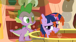 Size: 638x356 | Tagged: safe, screencap, character:spike, character:twilight sparkle, episode:winter wrap up, g4, my little pony: friendship is magic, bath, bathtub, britain, british, clothespin, ei, hub logo, skunk spray, smell, smelly, tomato juice, visible stench, youtube caption