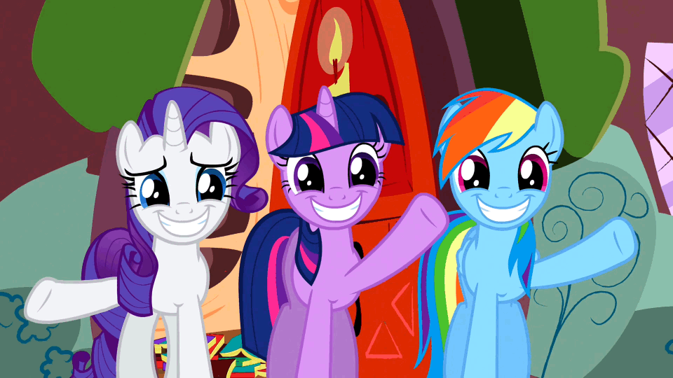 Size: 960x540 | Tagged: safe, screencap, character:rainbow dash, character:rarity, character:twilight sparkle, episode:dragon quest, g4, my little pony: friendship is magic, adorkable, animated, cute, dashabetes, door, dork, forced smile, raribetes, smile and wave, smiling, sweet dreams fuel, twiabetes, waving