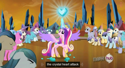 Size: 1136x621 | Tagged: safe, screencap, character:crystal arrow, character:fleur de verre, character:princess cadance, character:sapphire joy, character:spike, species:crystal pony, species:pony, episode:the crystal empire, g4, my little pony: friendship is magic, amber waves, arctic lily, crystal empire, crystal heart, heart attack, hub logo, meme, night knight, window wind, youtube caption