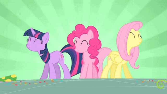 Size: 640x360 | Tagged: safe, screencap, character:fluttershy, character:pinkie pie, character:twilight sparkle, episode:party of one, g4, my little pony: friendship is magic, animated, butt bump, butt smash, butt to butt, butt touch, dancing, hoofy-kicks, trio