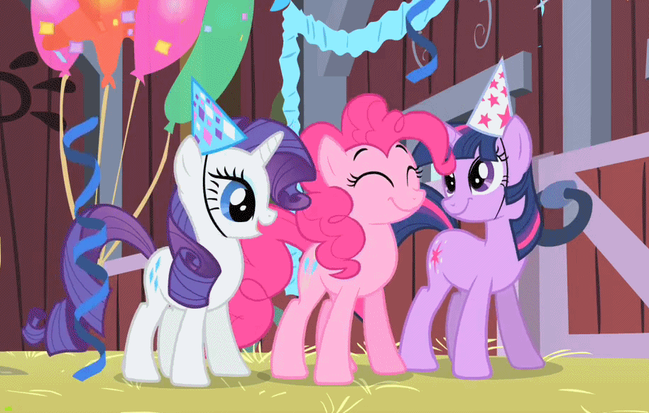 Size: 914x582 | Tagged: safe, screencap, character:pinkie pie, character:rarity, character:twilight sparkle, episode:party of one, g4, my little pony: friendship is magic, animated, clothing, dancing, hat, party, party hat, streamers