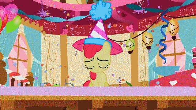 Size: 640x360 | Tagged: safe, screencap, character:apple bloom, character:pinkie pie, species:earth pony, species:pony, episode:the cutie pox, g4, my little pony: friendship is magic, animated, clothing, confetti, duo, eyes closed, female, filly, foal, hat, mare, party, party hat, sad, streamers, sugarcube corner