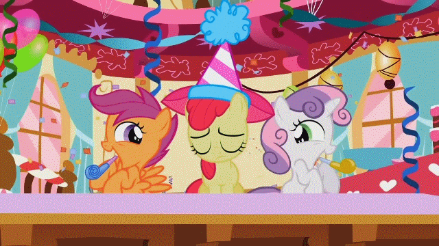 Size: 640x360 | Tagged: safe, screencap, character:apple bloom, character:pinkie pie, character:scootaloo, character:sweetie belle, species:pegasus, species:pony, episode:the cutie pox, g4, my little pony: friendship is magic, animated, clothing, confetti, cutie mark crusaders, hat, noisemaker, party, party hat, puffy cheeks, sad, streamers, sugarcube corner