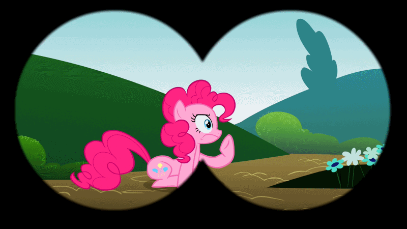 Size: 800x450 | Tagged: safe, screencap, character:pinkie pie, episode:feeling pinkie keen, g4, my little pony: friendship is magic, animated, binoculars, cute, diapinkes, pinkie sense, solo, twitchy tail