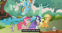 Size: 572x306 | Tagged: safe, screencap, character:applejack, character:pinkie pie, character:rainbow dash, character:rarity, character:spike, episode:keep calm and flutter on, g4, my little pony: friendship is magic, beaver, clothing, dress, elements of harmony, hub logo, meme, necklace, youtube caption