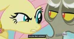Size: 575x306 | Tagged: safe, screencap, character:discord, character:fluttershy, element of kindness, elements of harmony, hub logo, meme, necklace, youtube caption