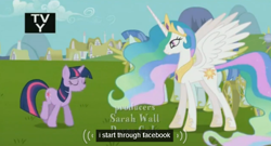 Size: 570x307 | Tagged: safe, screencap, character:princess celestia, character:twilight sparkle, episode:keep calm and flutter on, g4, my little pony: friendship is magic, crown, facebook, meme, necklace, royal guard, tv rating, youtube caption