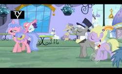 Size: 1231x750 | Tagged: safe, screencap, character:caesar, character:lyrica lilac, character:opalescence, character:orion, character:rarity, character:royal ribbon, character:silver frames, episode:sweet and elite, g4, my little pony: friendship is magic, clothing, hat, hub logo, low quality, monocle and top hat, tv rating