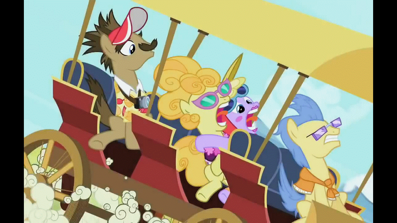 Size: 1280x720 | Tagged: safe, screencap, species:earth pony, species:pony, episode:the mysterious mare do well, g4, my little pony: friendship is magic, animated, camera, carriage, female, glasses, globe trotter, lemon chiffon, male, mare, maybelline, screaming, stallion, sunglasses, visor, wagon, winter wisp