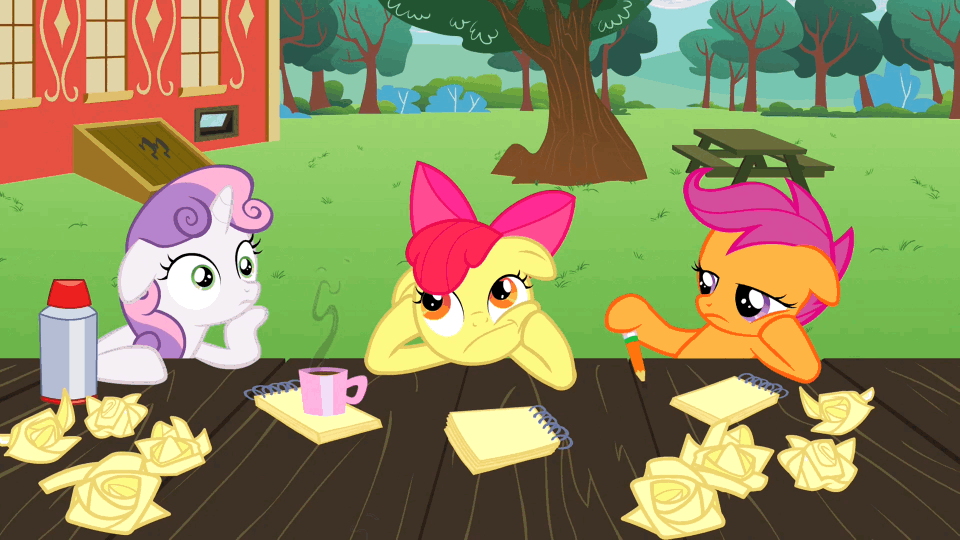 Size: 960x540 | Tagged: safe, screencap, character:apple bloom, character:scootaloo, character:sweetie belle, species:pegasus, species:pony, episode:ponyville confidential, g4, my little pony: friendship is magic, animated, bored, cinemagraph, coffee, coffee mug, cutie mark crusaders, floppy ears, hoof on chin, looking up, loop, mug, notepad, paper, pencil, pondering, squishy cheeks, table, thinking, thousand yard stare