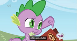 Size: 573x310 | Tagged: safe, screencap, character:spike, episode:the ticket master, g4, my little pony: friendship is magic, ei, hub logo, hubble, meme, menu, religion, solo, the hub, youtube caption