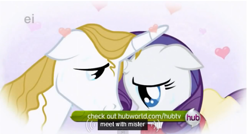 Size: 583x312 | Tagged: safe, screencap, character:prince blueblood, character:rarity, episode:the ticket master, g4, my little pony: friendship is magic, clothing, dress, ei, heart, horns are touching, hub logo, hubble, meme, the hub, youtube caption