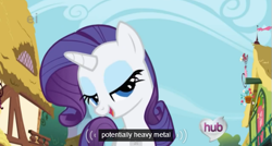 Size: 573x308 | Tagged: safe, screencap, character:rarity, episode:the ticket master, g4, my little pony: friendship is magic, ei, heavy metal, hilarious in hindsight, hub logo, hubble, lidded eyes, meme, solo, the hub, youtube caption