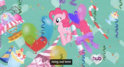 Size: 566x306 | Tagged: safe, screencap, character:pinkie pie, episode:the ticket master, g4, my little pony: friendship is magic, balloon, candy, ei, hub logo, meme, solo, streamers, youtube caption