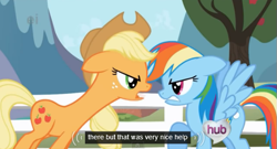 Size: 573x310 | Tagged: safe, screencap, character:applejack, character:rainbow dash, episode:the ticket master, g4, my little pony: friendship is magic, angry, ei, fence, fight, hub logo, hubble, long neck, meme, neck, the hub, upset, youtube caption