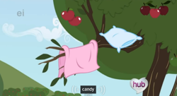 Size: 570x309 | Tagged: safe, screencap, episode:the ticket master, g4, my little pony: friendship is magic, apple, apple tree, bed, candy, ei, hub logo, hubble, meme, no pony, pillow, quilt, the hub, tree, tree branch, youtube caption