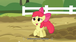 Size: 640x355 | Tagged: safe, screencap, character:apple bloom, species:earth pony, species:pony, episode:spike at your service, g4, my little pony: friendship is magic, female, fence, filly, meme, solo, youtube caption