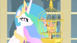 Size: 853x480 | Tagged: safe, screencap, character:philomena, character:princess celestia, species:alicorn, species:bird, species:phoenix, species:pony, episode:a bird in the hoof, g4, my little pony: friendship is magic, birdcage, cage, duo, ethereal mane, female, mare