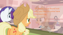 Size: 640x360 | Tagged: safe, screencap, character:applejack, character:rarity, episode:baby cakes, g4, my little pony: friendship is magic, filly, foal, hub logo, self ponidox, text, treasure (character), wat