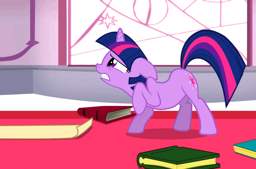 Size: 820x540 | Tagged: safe, screencap, character:twilight sparkle, episode:the crystal empire, g4, my little pony: friendship is magic, adorable distress, adorkable, animated, book, cute, dork, eyes closed, floppy ears, grin, nuzzling, panic, paper, raised hoof, scroll, smiling, solo