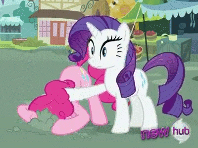 Size: 400x300 | Tagged: safe, screencap, character:pinkie pie, character:rarity, episode:putting your hoof down, g4, my little pony: friendship is magic, animated, burying, head pat, hub logo, ostrich, pat
