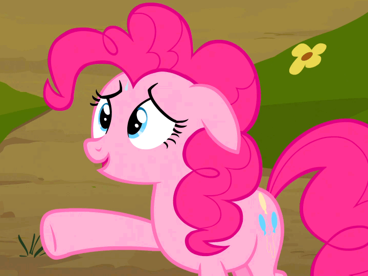 Size: 720x540 | Tagged: safe, screencap, character:pinkie pie, species:earth pony, species:pony, episode:too many pinkie pies, g4, my little pony: friendship is magic, animated, bipedal, clone, cropped, derp, female, floppy ears, hooves together, mare, nervous, pinkie clone, solo, sweat, talking
