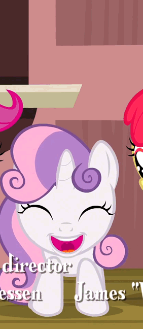 Size: 282x648 | Tagged: safe, screencap, character:apple bloom, character:scootaloo, character:sweetie belle, species:pegasus, species:pony, episode:one bad apple, g4, my little pony: friendship is magic, animated, cropped, cute, diasweetes, gif, horn, horngasm, loop, magic, sparking horn, sweetie belle's magic brings a great big smile