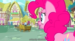 Size: 1279x704 | Tagged: safe, screencap, character:cranky doodle donkey, character:pinkie pie, species:donkey, species:earth pony, species:pony, episode:a friend in deed, g4, my little pony: friendship is magic, ponyville, youtube caption