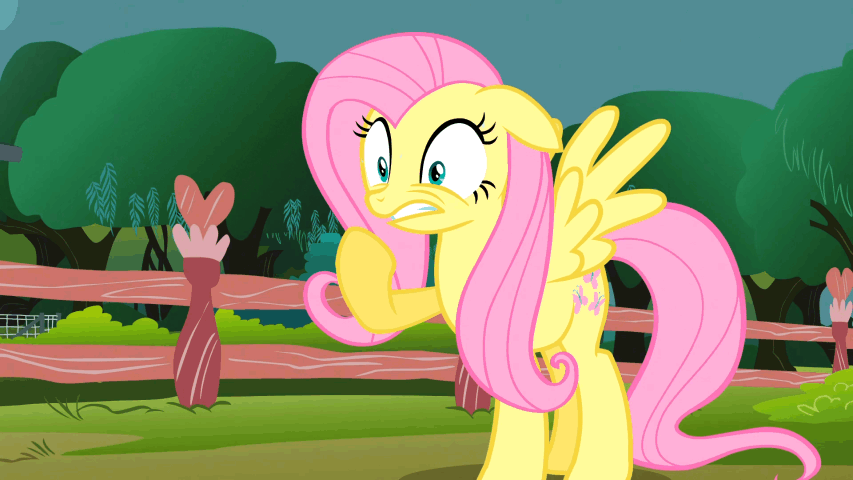 Size: 853x480 | Tagged: safe, screencap, character:fluttershy, episode:magic duel, g4, my little pony: friendship is magic, animated, fence, solo, sweat