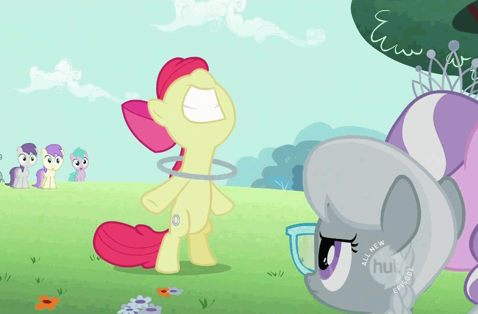 Size: 955x628 | Tagged: safe, screencap, character:alula, character:apple bloom, character:aura, character:diamond tiara, character:pluto, character:silver spoon, character:tornado bolt, species:earth pony, species:pony, episode:the cutie pox, g4, my little pony: friendship is magic, animated, bipedal, cinemagraph, cropped, fake cutie mark, female, filly, glasses, hub logo, loop, loop-de-hoop, nose in the air