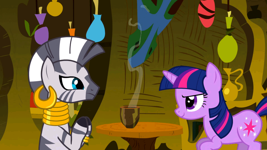 Size: 853x480 | Tagged: safe, screencap, character:twilight sparkle, character:zecora, species:zebra, episode:magic duel, g4, my little pony: friendship is magic, animated, annoyed, interior, spill, table, tea, zecora's hut